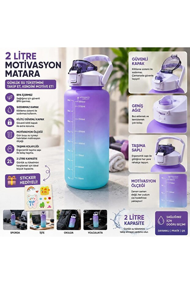 2 Lt Colorful Motivational Water Bottle & Water Container