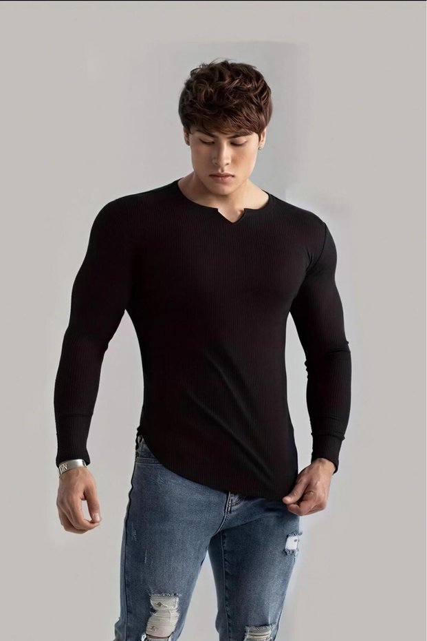 Neso Men's Muscle Fit V-Neck Ribbed Long Sleeve T-Shirt - for a Muscular and Stylish Look