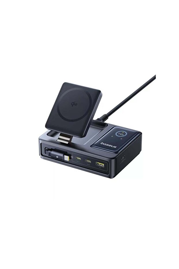 بيسوس - شاحن مكتبي 5 في 1 بـ Qi2 وكابل Type-C 100W قابل للسحب وشحن MagSafe لاسلكي 15W – اسود