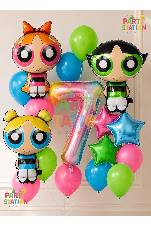 Powerpuff Girls Themed 7 Year Old Balloon Set 16 Pieces - Large Size Powerpuff Girls Birthday Balloon Set