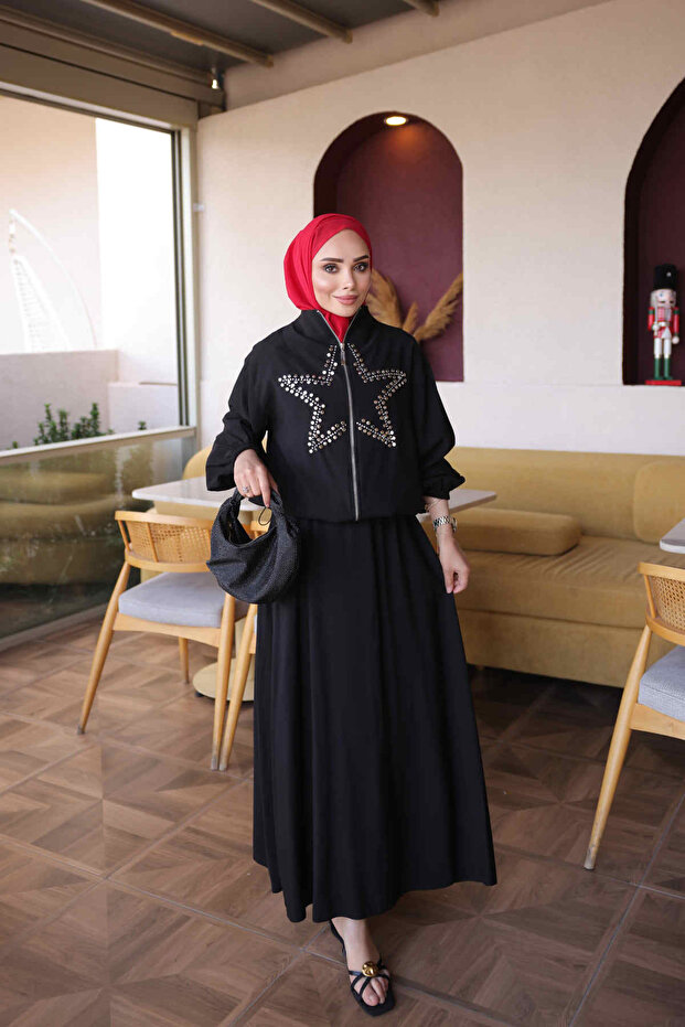 Black Star Stone Embroidered Jacket and Skirt Set