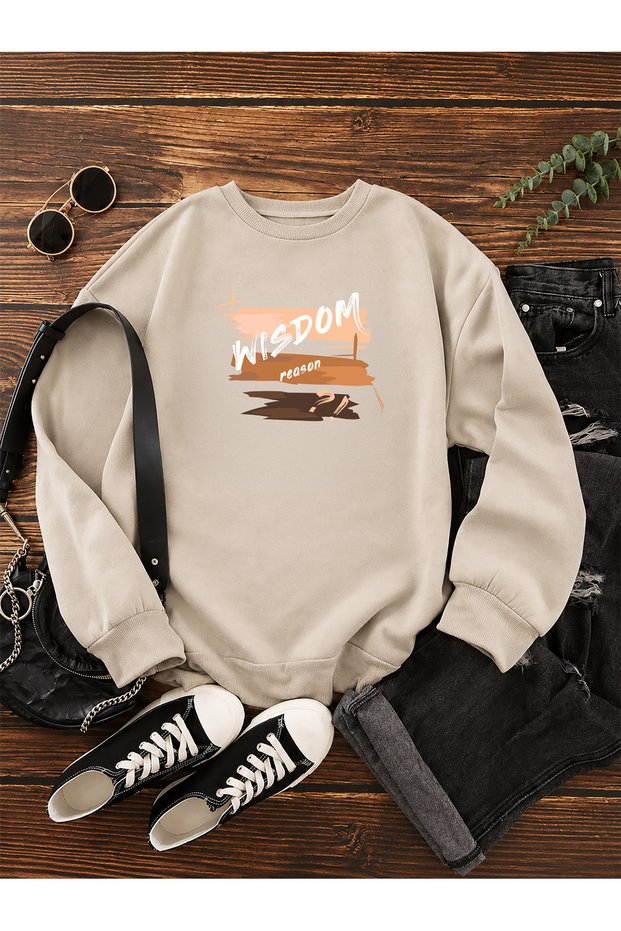 Women's Wisdom Written Brushed Printed Comfortable Fit Crew Neck Beige Sweatshirt