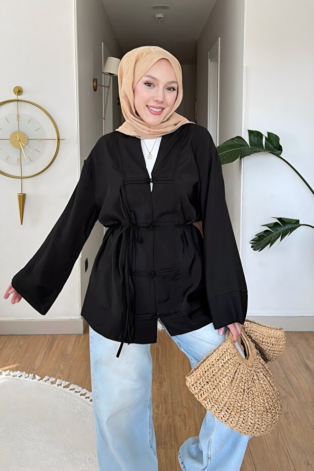 Black Lace-Up Wide-Sleeve Kimono