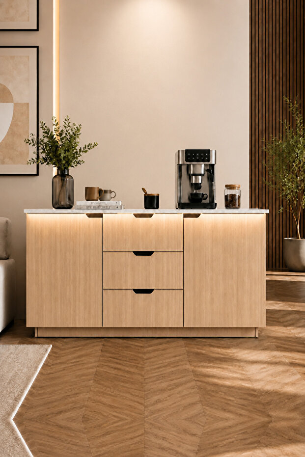 Modern Coffee Corner with White Wood Grain Surface