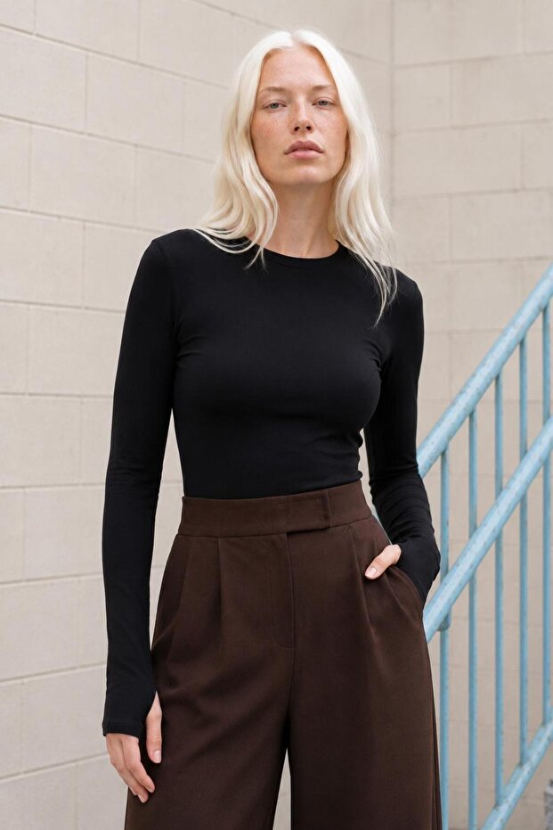 Women's Finger Detailed Long Sleeve Bodysuit