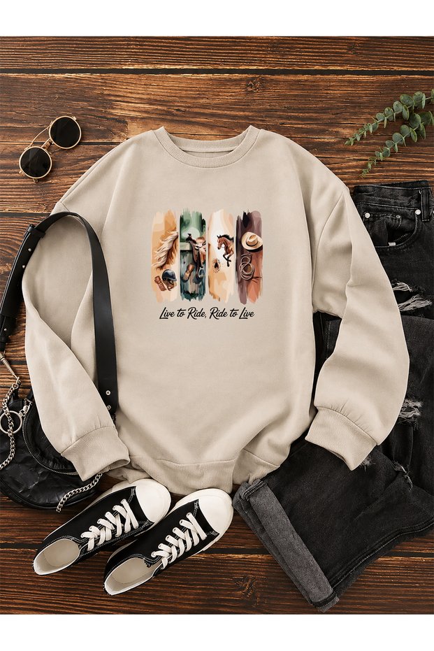 Live to Ride at Printed Comfortable Fit Crew Neck Women's Beige Sweatshirt