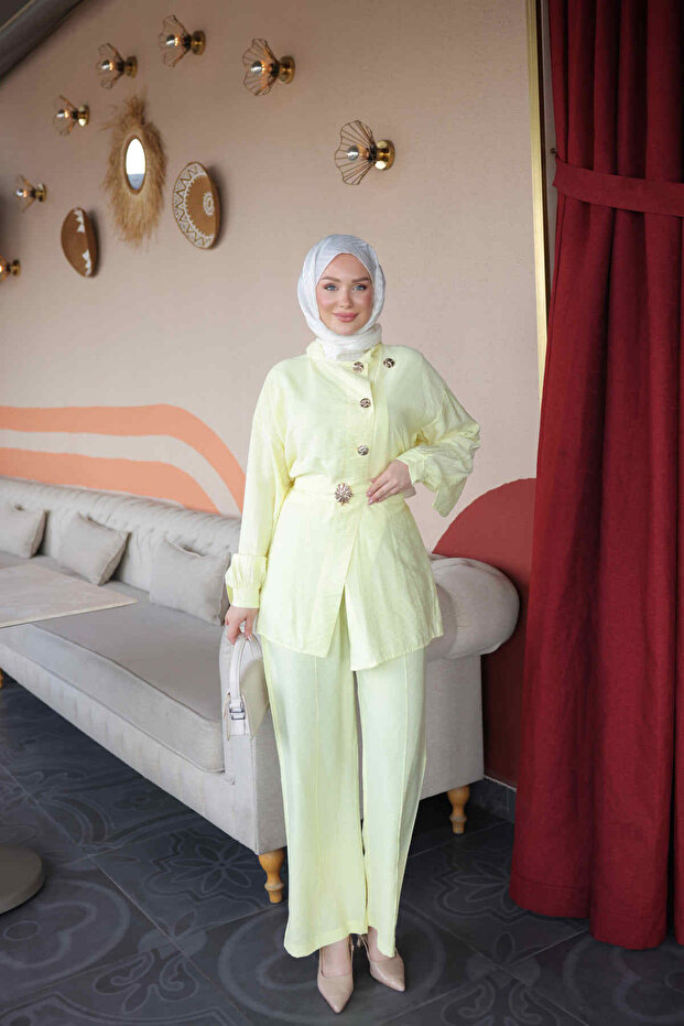 Yellow Buttoned Belted Tunic and Trousers Set