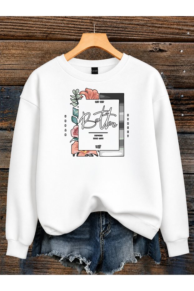 Women's Better Written Floral Printed Comfortable Fit Crew Neck White Sweatshirt