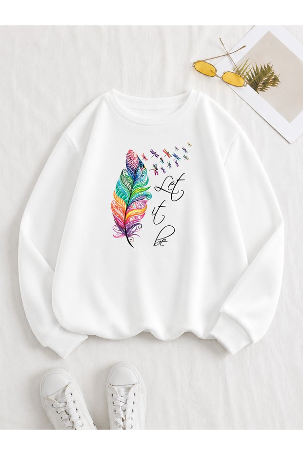 Women's Left İt Be Feather Printed Crew Neck Women's White Sweatshirt