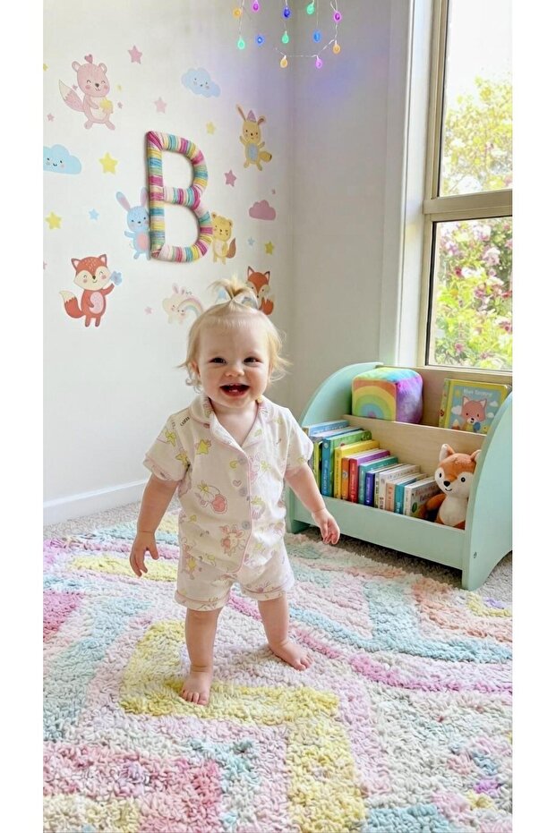 Dlş 6146 Baby Girl 100% Cotton White Pink Rabbit Buttoned Shorts Pajama Set