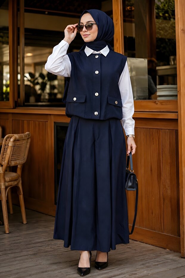 Navy Blue Vest Skirt Suit