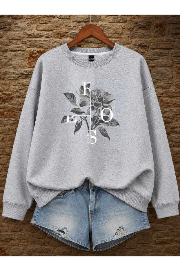 Women's Special Design Rose and Text Printed Graphic Comfortable Fit Crew Neck Gray Sweatshirt