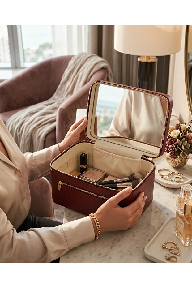 Large Size Makeup Bag with Mirror - Large Volume Travel Cosmetic Case Burgundy Leather