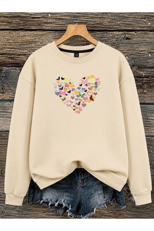 Women's Heart Butterfly Graphic Design Printed Comfortable Fit Crew Neck Beige Sweatshirt