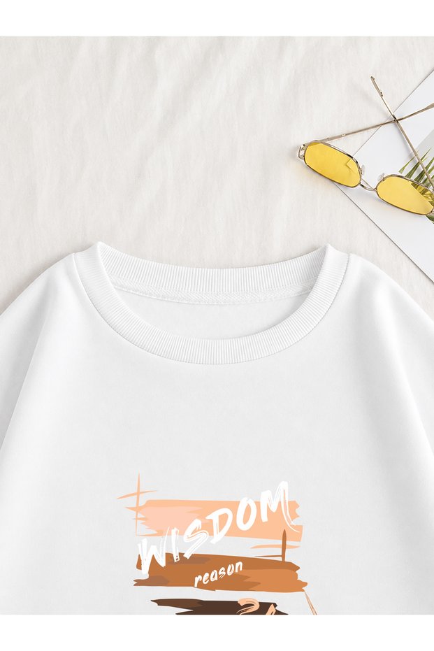 Women's Wısdom Written Brushed Printed Comfortable Fit Crew Neck White Sweatshirt