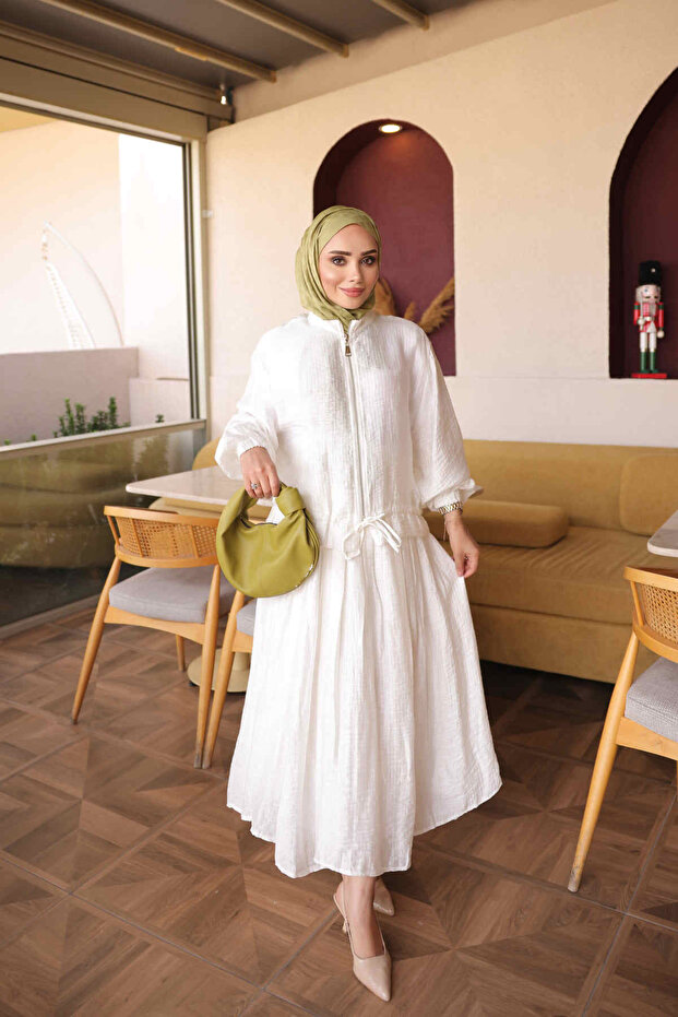 Ecru Drawstring Waist Detailed Zippered Shirt Skirt Set