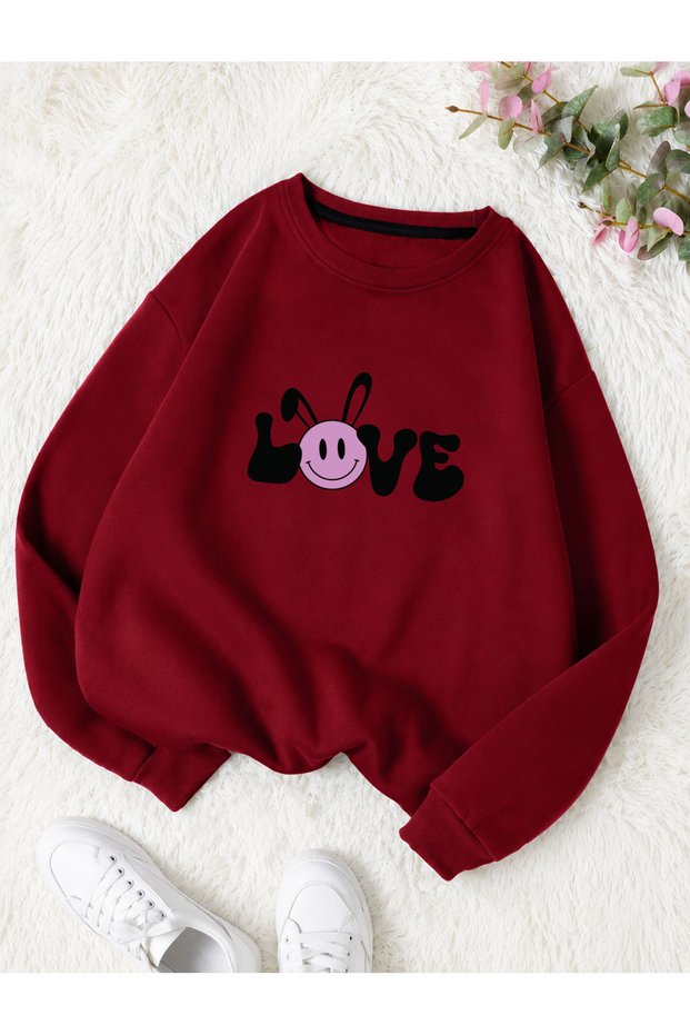 Women's Love Written Rabbit Smiling Face Graphic Printed Comfortable Fit Crew Neck Gray Sweatshirt