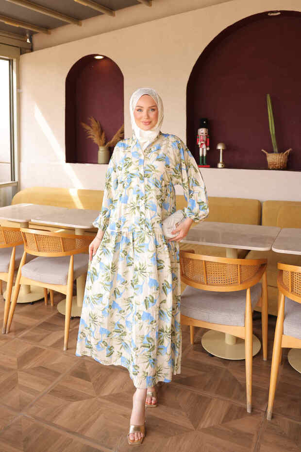 Blue Half Buttoned Sleeves Elastic Patterned Dress