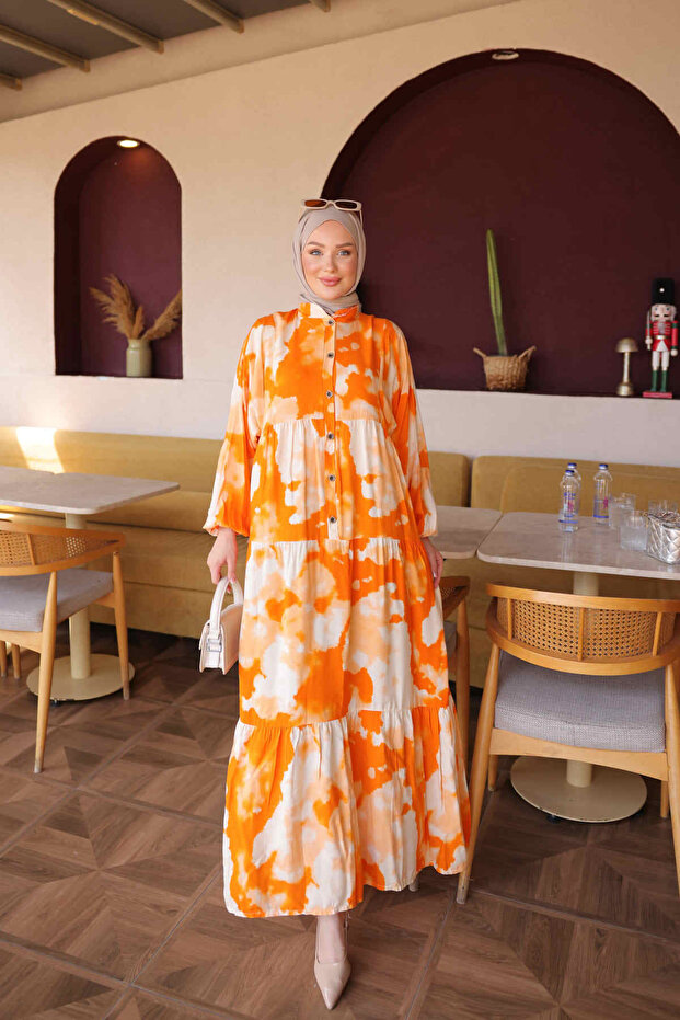 Orange Half Buttoned Sleeves Elastic Skirt Layered Viscose Dress