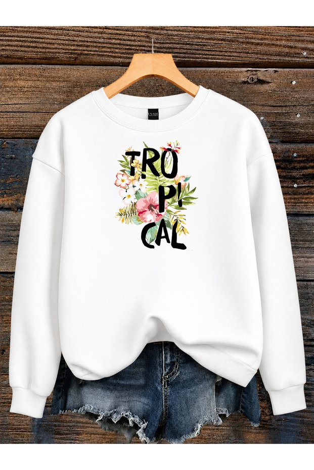 Women's Tropical Floral Printed Comfortable Fit Crew Neck White Sweatshirt