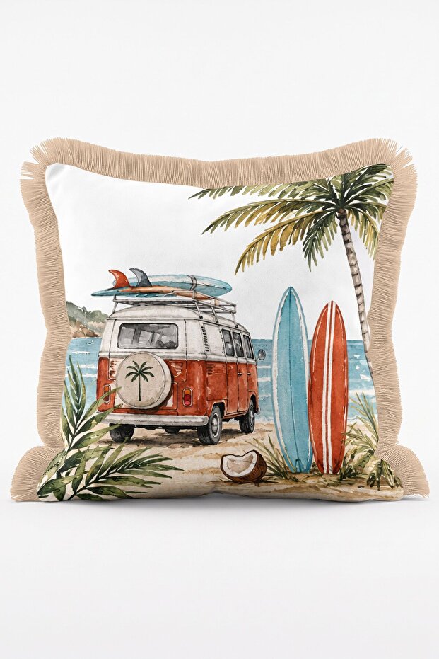 Coastal Themed Orange Caravan Surfboard and Palm Tree Pattern Fringed Throw Pillow Cover