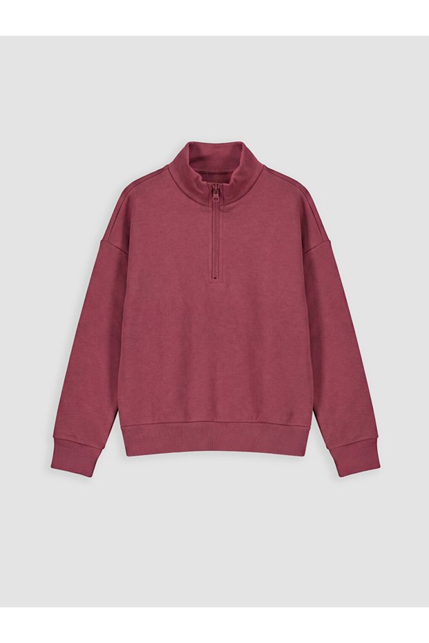 Ozmarka New Season Pink Zippered High Collar Girls' Sweatshirt