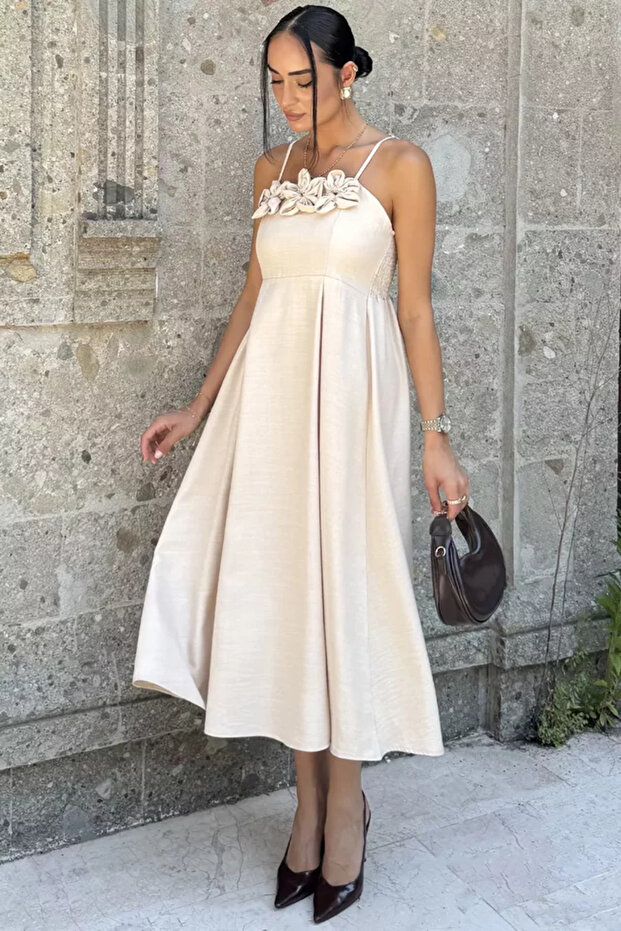 Gülseli Women's Adjustable Strap Dress with Rose Figure