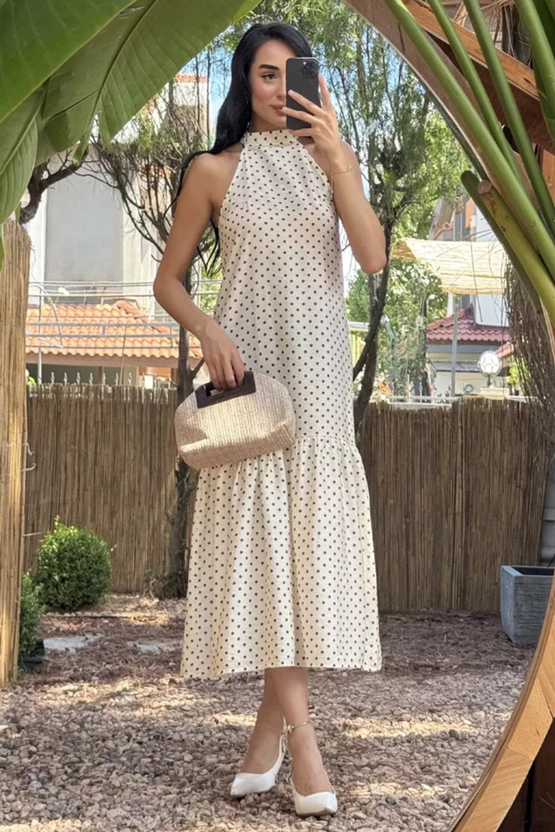 Women's Halter Neck Ruffled Polka Dot Dress