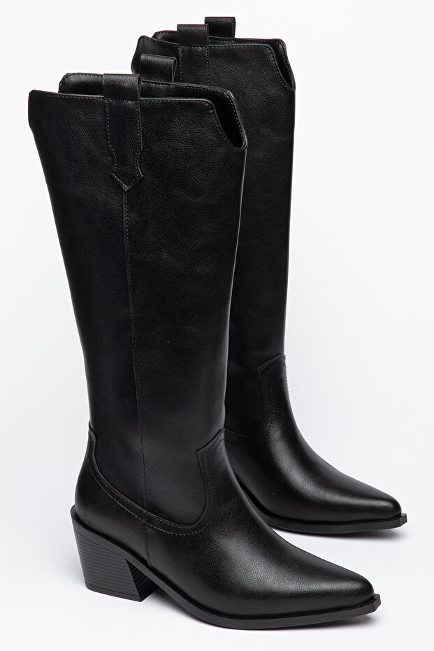 Black Leather Western Cowboy Boots with Black Sole and Pointed Toe