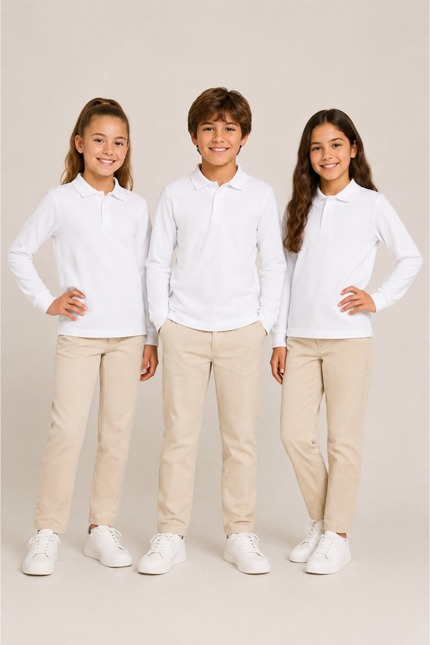 Children's Unisex 3-Piece Polo Collar Long Sleeve School T-Shirt 100% Cotton 2-14 Years