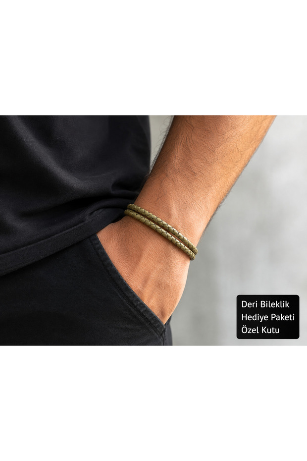 Velmora Double Spiral Olive Green Braided Leather Men's Bracelet – with Steel Clasp