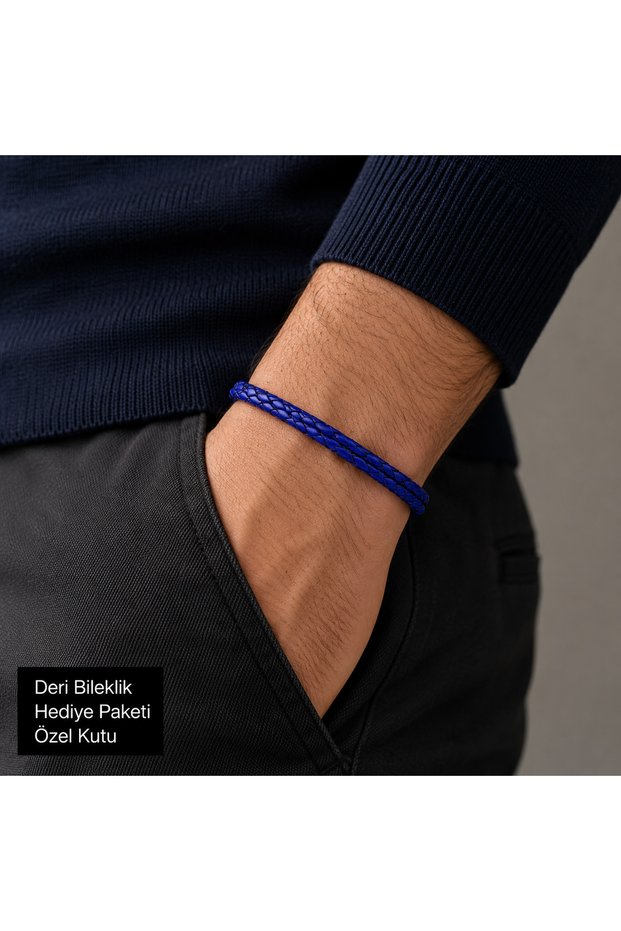 Azuréon Blue Double Braided Leather Men's Bracelet – Stylish Clip-On Design in Silver Tone
