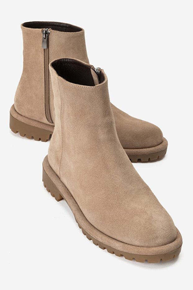 Parfonel Women's Genuine Leather Zippered Boots Mink Suede