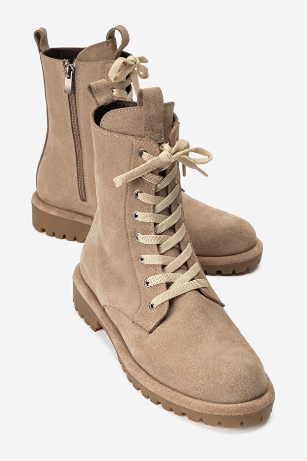 Pervollin Women's Genuine Leather Lace-Up Boots Mink Suede