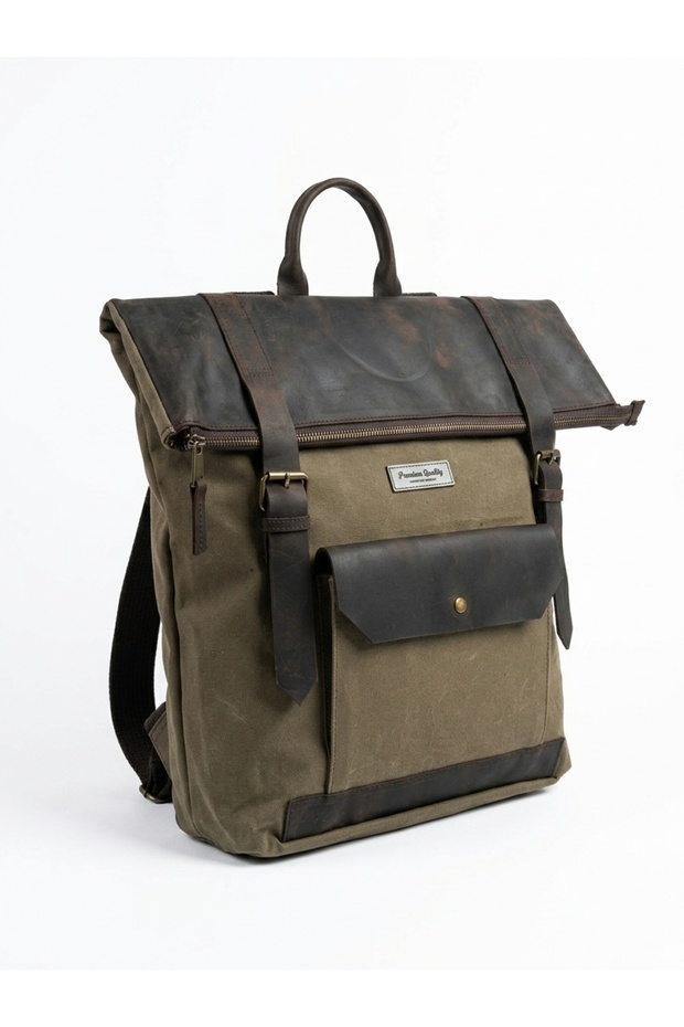 Genuine Leather & Waxed Canvas Vintage Backpack with Waterproof Laptop Compartment, Mountaineering Camping & Daily Unisex Bag