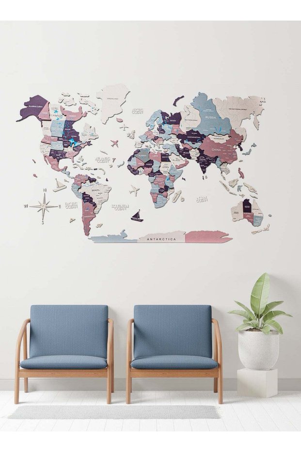 Wooden World Map Wall Decor Travel Wall Art Home Decoration UAE, Berry