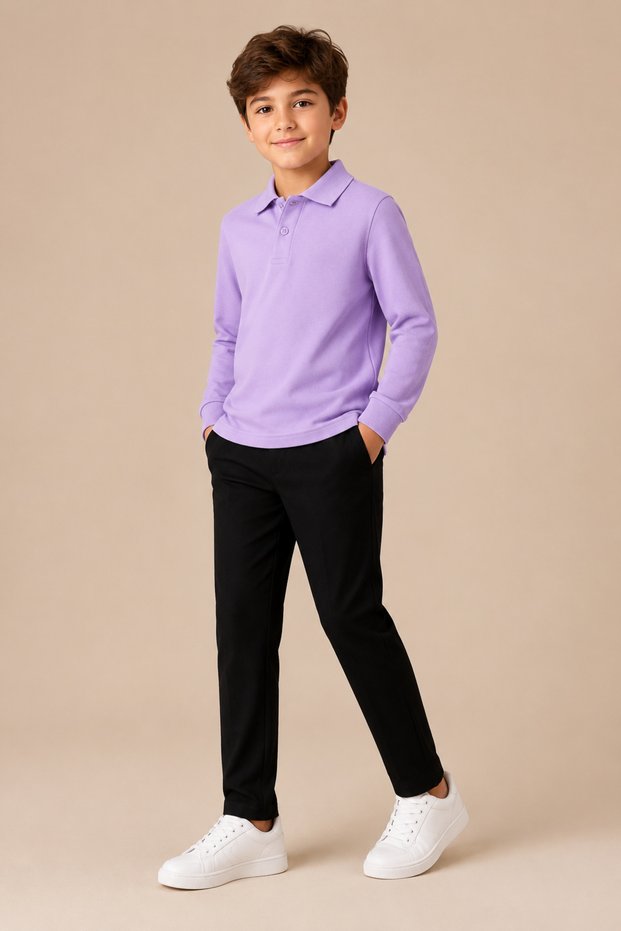 Children's Unisex Polo Collar Long Sleeve T-Shirt 100% Cotton 2-14 Years