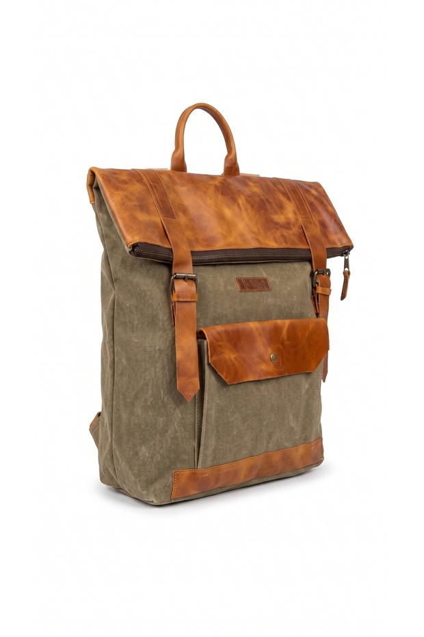 Genuine Leather & Waxed Canvas Vintage Backpack with Waterproof Laptop Compartment, Mountaineering Camping & Daily Unisex Bag