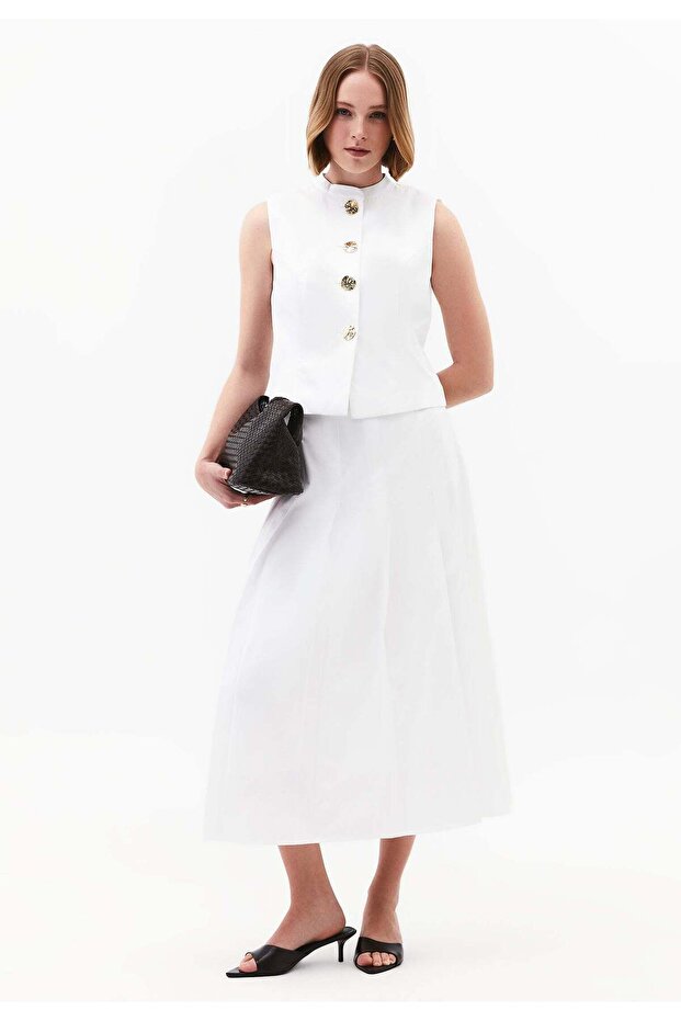Pleated Flared Midi Skirt - WHITE