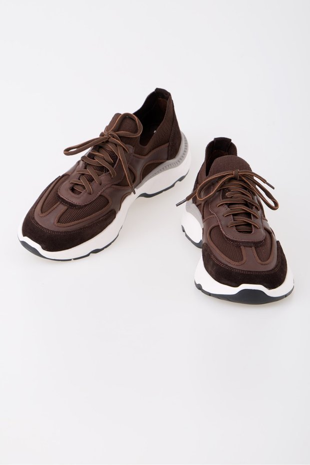 Alpi Brown Genuine Leather Knitwear Men's Sneaker Shoes