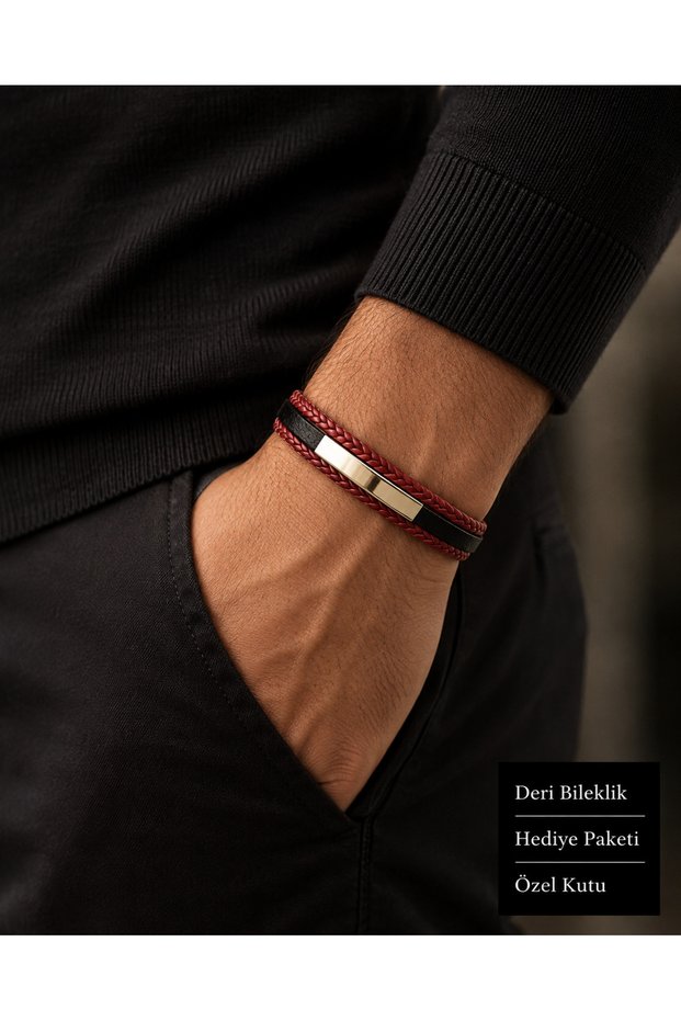 Veritas Rouge Men's Red Black Knitted Leather Bracelet with Metal Plate