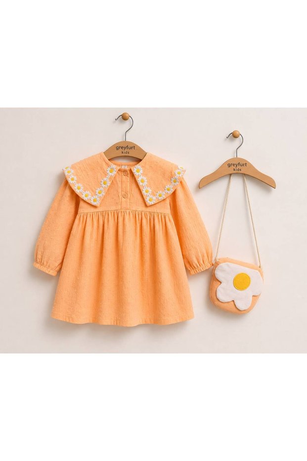 Baby Collar Muslin Dress with Bag Orange Girls' Set
