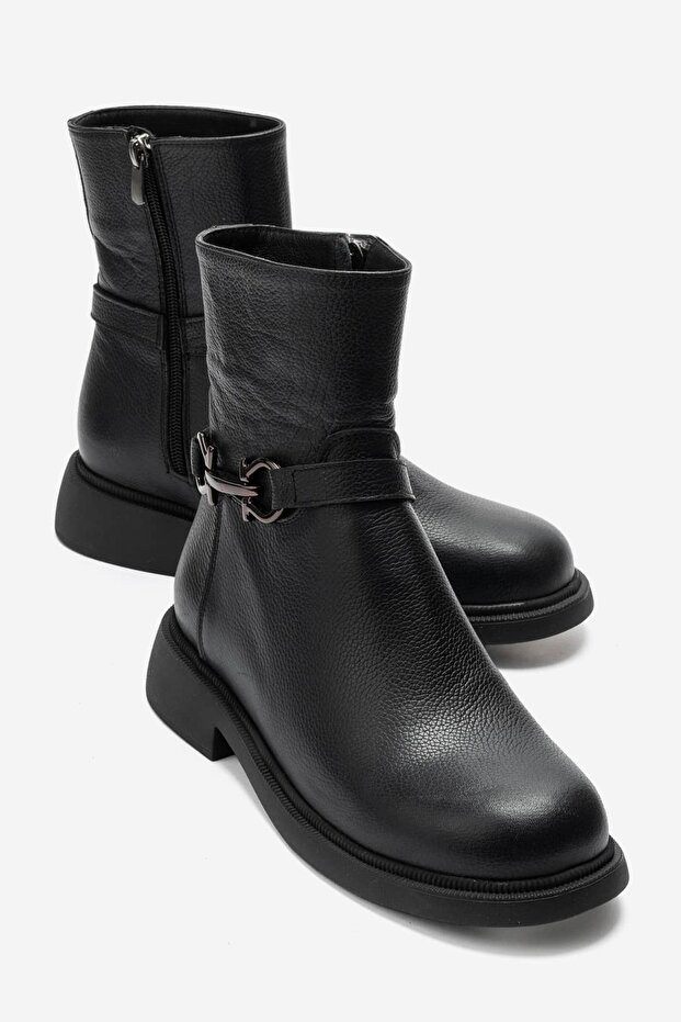 Zarko Women's Genuine Leather Boots with Accessory Detail in Black