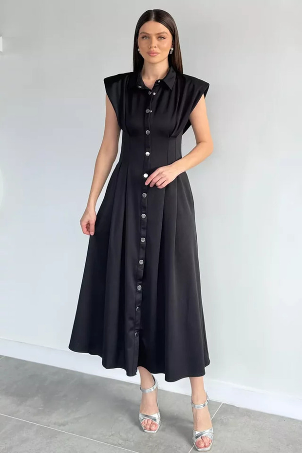 Pleated Front Snap Button Zero Sleeve Women's Dress