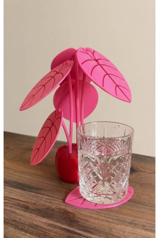 Pink Design Coasters Set of 6 - Decorative Object for Kitchen Tabletop with Flower Pot