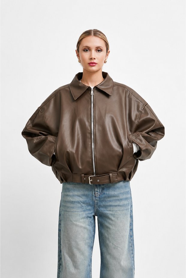 New Season Women's Oversize Leather Jacket with Belt Buckle at the Waist