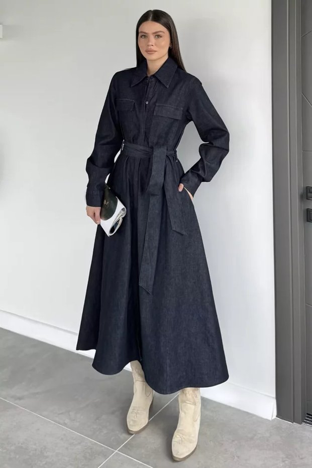 Women's Waist Belted Buttoned Front Jean Dress