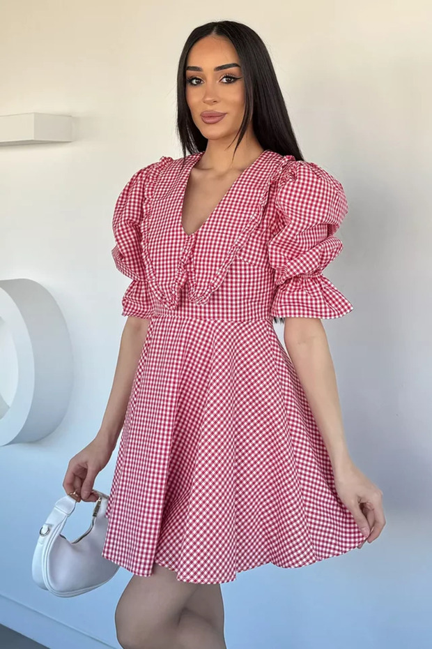 Women's Gingham Patterned Baby Collar Dress
