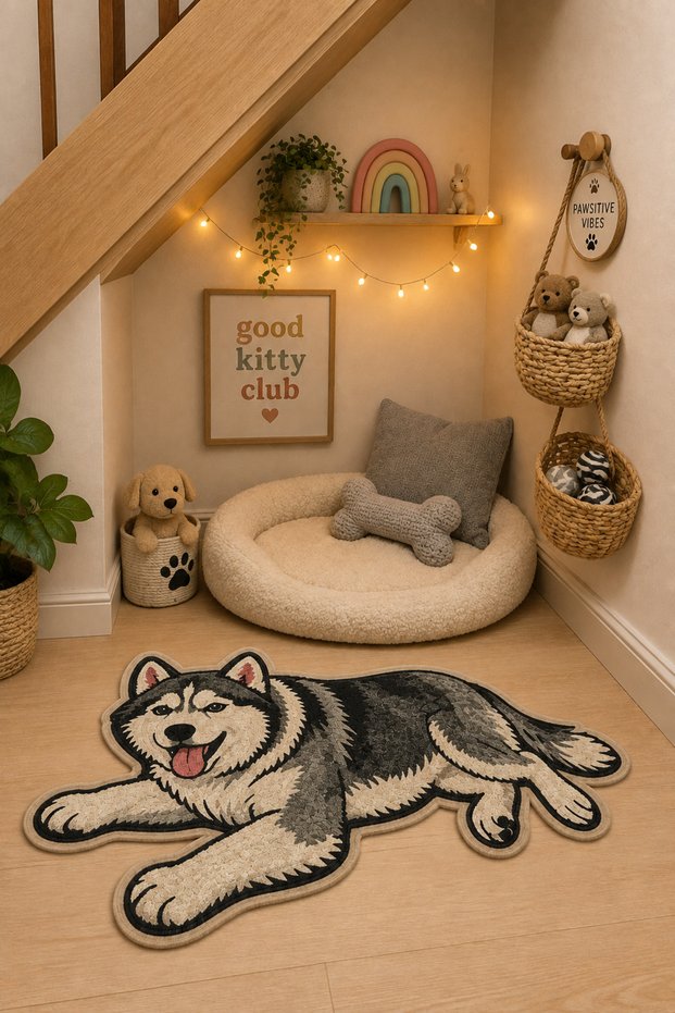 Asymmetrical Food Mat with Siberian Husky Figure, Non-Slip Base, Washable, 60X90 cm