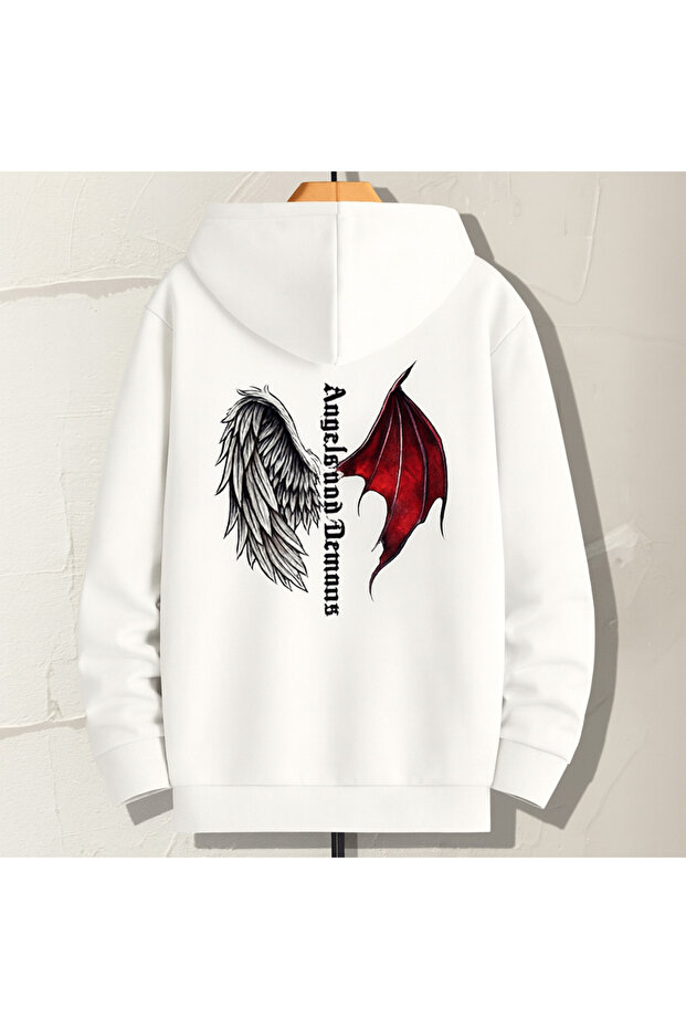 Unisex Oversize 3 Thread Yarn Kangaroo Pocket Black "Angels and Demons (Angel and Devil Wings)" Printed Hooded Sweatshirt